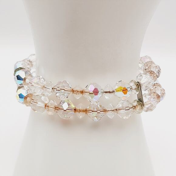 Vintage 1950s Clear Aurora Borealis Crystal Bracelet – Two Strand Memory Wire - Picture 6 of 9